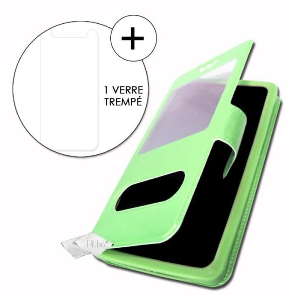 Super Pack Case Cover til Infinix Hot 6X Extra Slim 2 Windows Eco Læder + høj gennemsigtighed hærdet glas GRØN