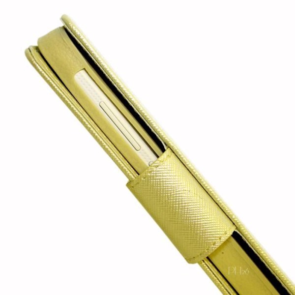 Blu Studio J8 Case Gold folion kansi kuvioitua nahkaa, korttipidike ja näkyvät PH26®-ompeleet