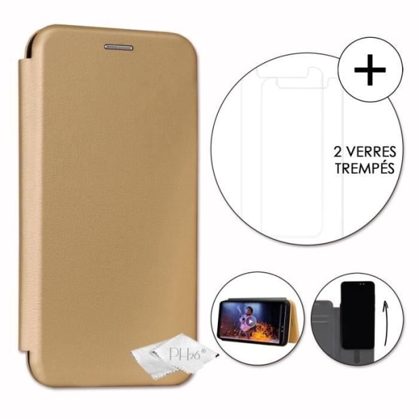 PH26® Super Pack Folio-korthållare i guldkornigt ekoläder för Logicom Le Hop med 2 härdade glas, hårdhet Guld guld