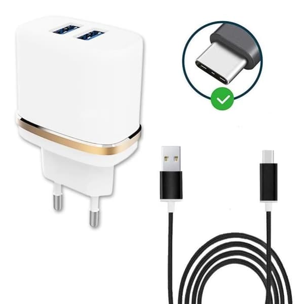 Lader - SORT - Lader + Type C Kabel Pakke - 2 USB Porte - 3,1A - Til Samsung Galaxy A52 5G Svart