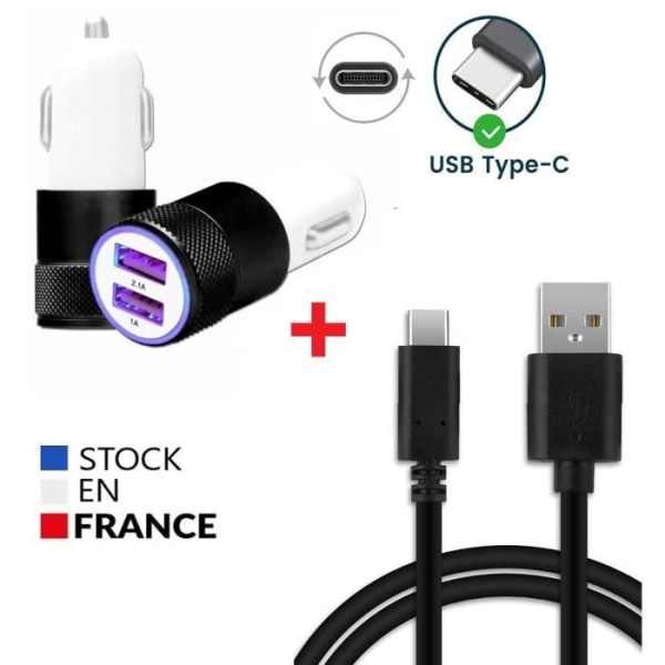 Autoladdarpaket + 1 USB Type C-kabel för Samsung Galaxy F22 Ultrakraftig och snabb laddare 2X (5V - 2.1A) + 1 1M kabel - SVART