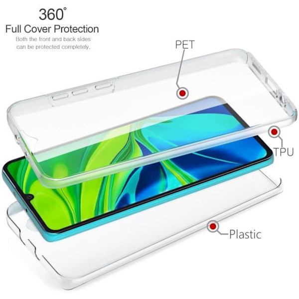 Xiaomi Mi Note 10 -kotelo, Xiaomi Mi Note 10 läpinäkyvä silikoni-TPU-geeli ja kova PC-suoja 360 asteen iskunestosuoja täynnä