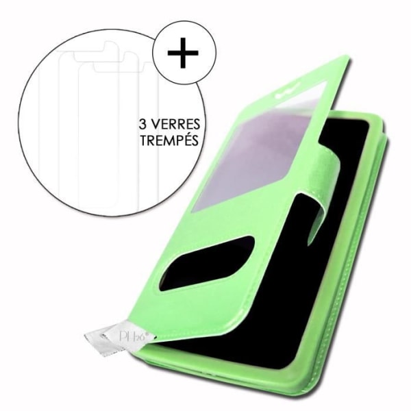 Super Pack-fodral för Infinix Note 6 Extra Slim 2 Eco-läderfönster + 3 högtransparenta skyddsglasögon GRÖNA