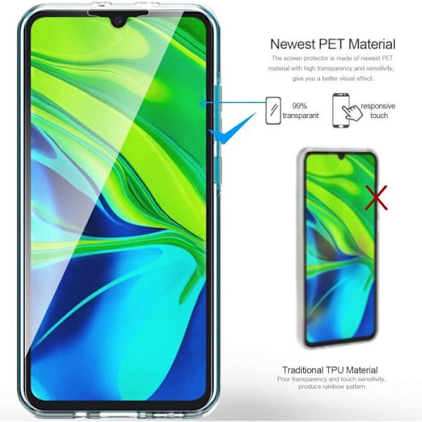 Xiaomi Mi Note 10-fodral, Xiaomi Mi Note 10 Transparent Silikon TPU-gel och hårt PC-skydd 360 graders anti-chock-skydd Fullständigt