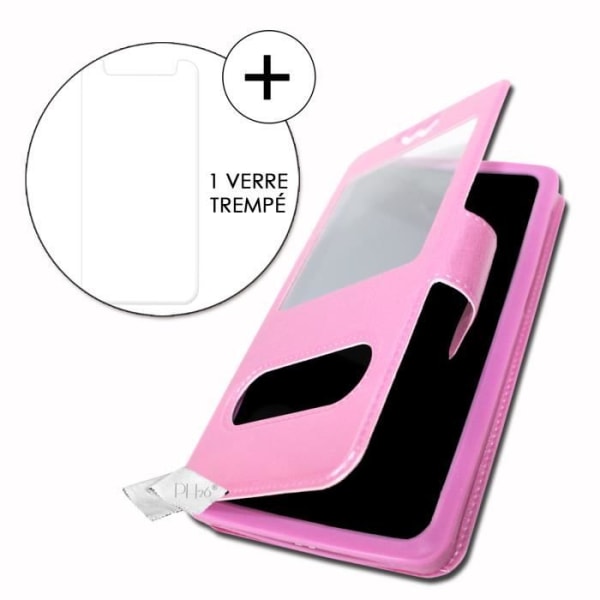 Super Pack Cover för Oukitel Y4800 Extra Slim 2 Eco läderfönster + 2 högtransparens skyddsglasögon FUSHIA PINK