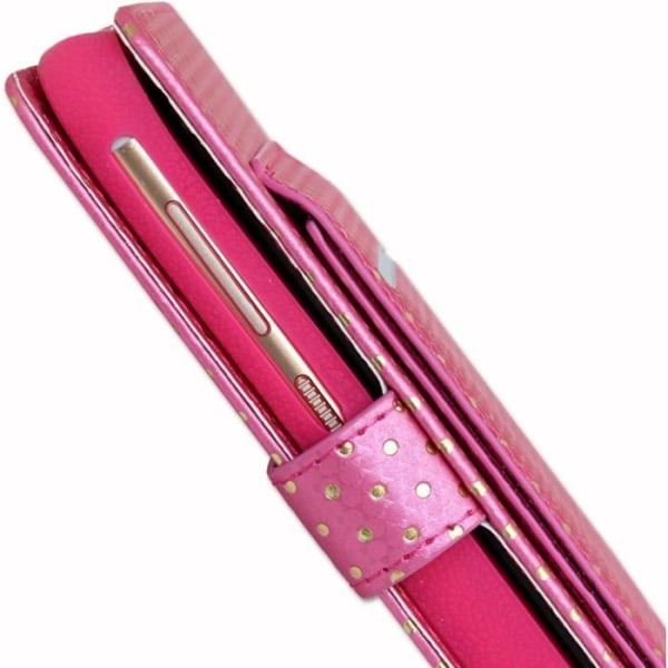 Cover til LG K40S med guldprikker i øko-læder med kortholder, spejl og synlige syninger - FUSHIA Rosa