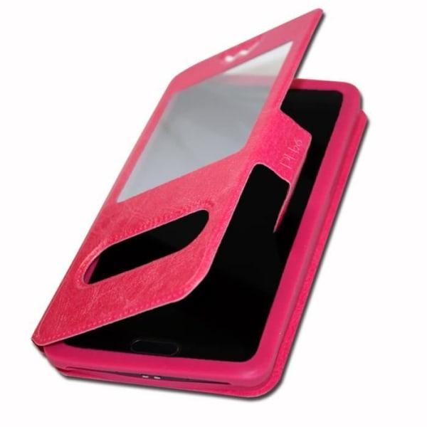 Fuchsia rosa skal till HTC Wildfire E2 Extra Slim X2 Kvalitet eko läder fönster magnetisk stängning och synliga sömmar