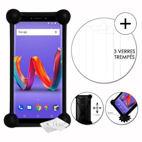 Super Pack sort stødsikker kofanger etui i kvalitets silikone til Wiko Harry 2 med 3 hærdede glas for MAKSIMAL hårdhedsbeskyttelse,