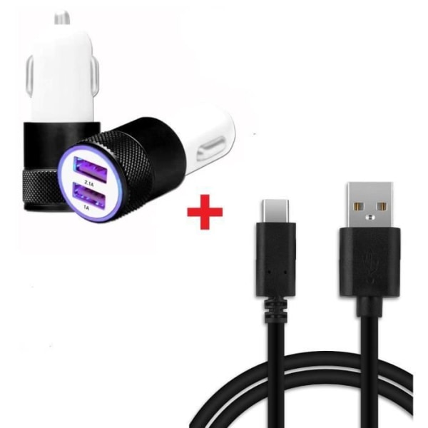 Autoladdarpaket + 1 USB Typ C-kabel för Blu C7x Ultrakraftig och snabbladdare 2X (5V - 2.1A) + 1 1M kabel - SVART
