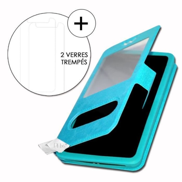 Super Pack Cover för LG Q60 Extra Slim 2 Windows ekologiskt läder + High Transparency Tempered Glass TURQUOISE BLUE