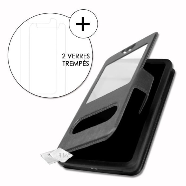 Super Pack-fodral för Samsung Galaxy A10s Extra Slim 2 Eco-läderfönster + 2 högtransparens skyddsglasögon SVART