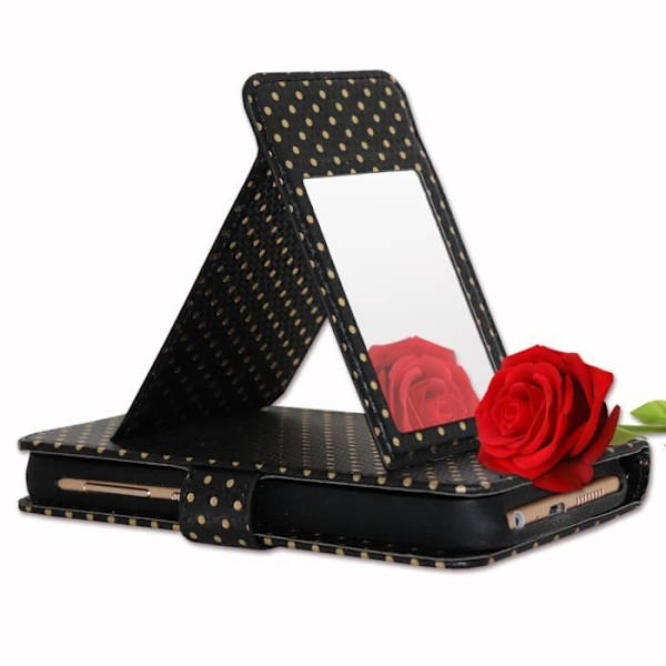 Housse folio - PH26® - Ulefone Mix 4G - Ekologiskt läder svart - Gyllene prickar - Inbyggt spegel Svart med guldprickar