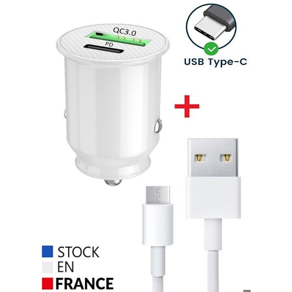 Billaddarpaket för Wiko Hi Enjoy 70 5G USB till USB Typ C Snabbladdning 30W PD & QC 3.0 + 1 Typ C-kabel - 2 portar