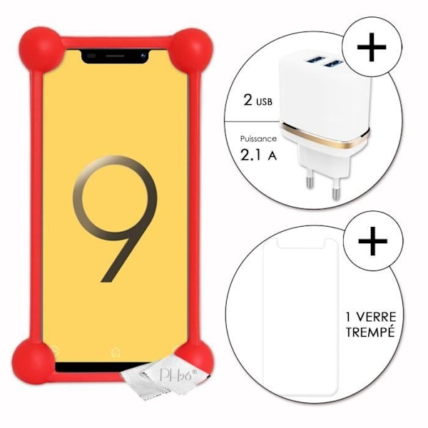 Super Pack rød stødsikker kofangerkasse i kvalitetssilikone til V-Mobile S9 (2019) med 1 netoplader, Ultrahurtig 2x USB Röd