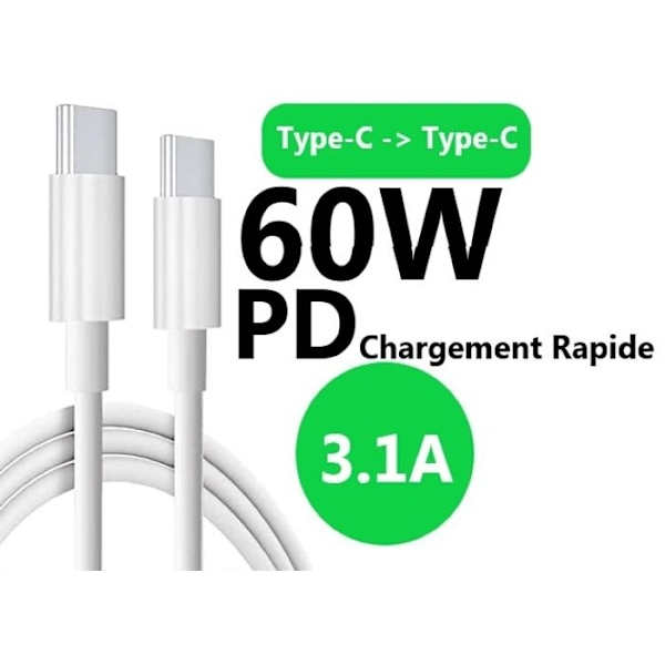 1M USB C 60W/3.1A PD till USB C-kabel kompatibel med Vivo Y19s Ultra Fast Sync- och överföringssladd