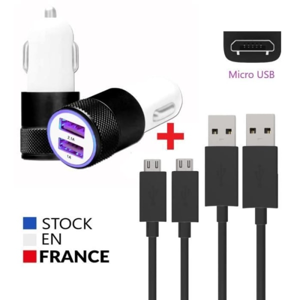 Autoladdarpaket + 2 Micro USB-kablar för Danew Konnect 508 Ultrakraftig och snabb laddare 2X (5V - 2.1A) + 2 1M-kablar - SVART Svart