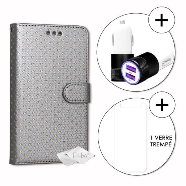 PH26® Super Pack Folio fodral för guldprickar i silver eko-läder med korthållare, spegel + 1 härdat glas MAXIMAL hårdhet,