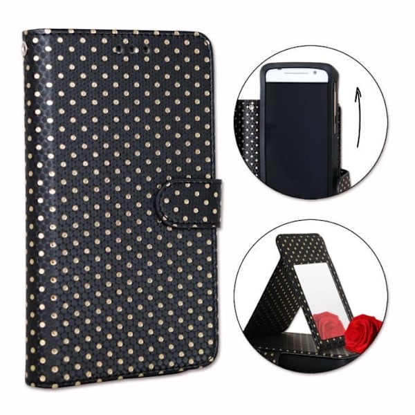 Housse folio - PH26® - ZTE A530 - Ekologiskt läder svart - Guldprickar - Inbyggd spegel Svart med guldprickar