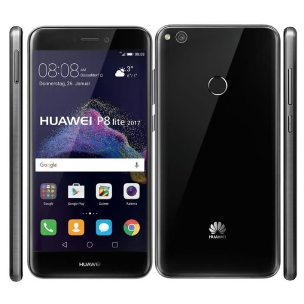 Huawei P8 Lite 2017:lle omistettu musta foliokansi, jossa on nahkatyyliset ikkunat näkyvillä PH26®-ompeleilla