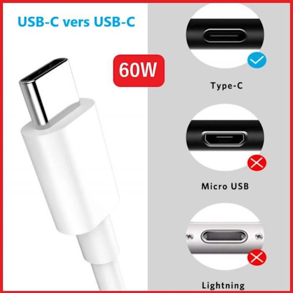 60 W USB C til USB C-kabel - 1 meter til UMIDIGI Bison X10G, 3.1A PD hurtigopladningskabel Vit