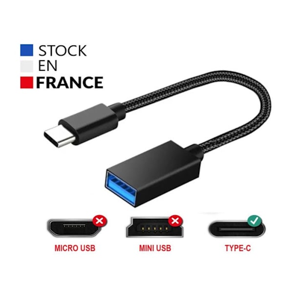 USB-C–USB-A OTG-sovitinkaapeli Wiko Hi Enjoy 70 Pro 5G:lle - USB C Uros-USB A Naaras nailonpunottu alumiini