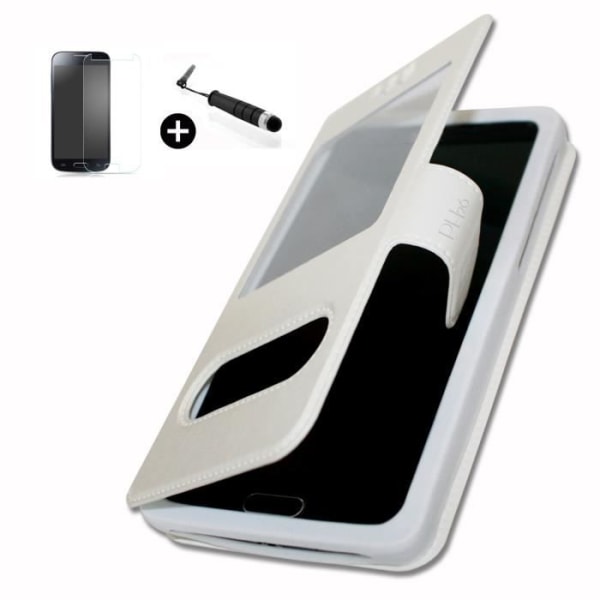 Selecline Smartphone 5'' super PACK Hvid PU vindueskasse + mini stylus + hærdet glas 9H hårdhed, Ultratynd 0,20 mm