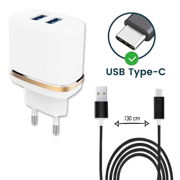 Typ C kabelpaket för ZTE A20 5G Ultrakraftig och snabb laddare 2X USB 5V - 2.1A - SVART Vit