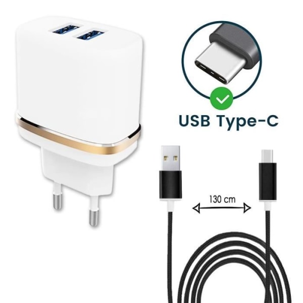 Typ C kabelpaket för Oppo Reno5 Pro 5G Ultrakraftig och snabb laddare 2X USB 5V - 2.1A - SVART