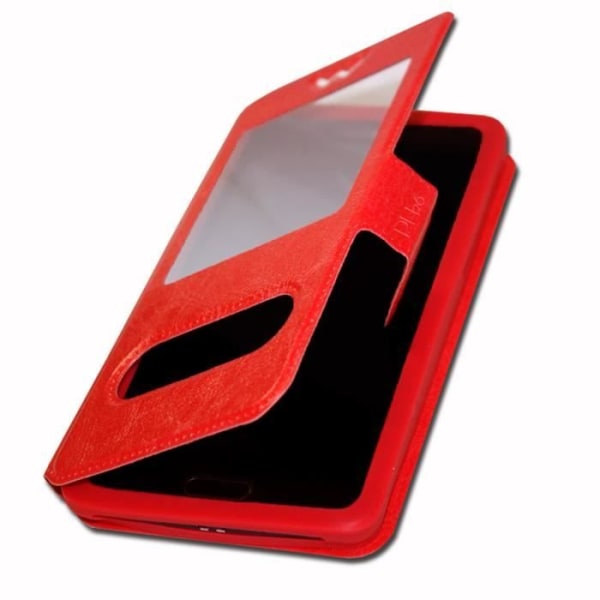 Lenovo A5s Extra Slim Red Folio Case X 2 Windows i ekologiskt kvalitetsläder med magnetisk stängning och synliga sömmar