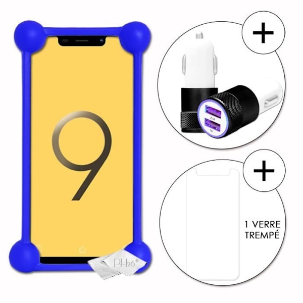 Super Pack stødsikker blå kofangerkasse i kvalitetssilikone til V-Mobile S9 (2019) med 1 cigarettænderoplader, Ultrahurtig 2x Blå