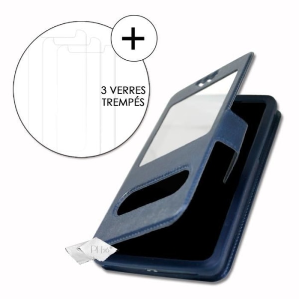 Super Pack-skydd för Sharp Sense3 Plus Extra Slim 2 Eco-läderfönster + 2 högtransparens skyddsglasögon BLÅ