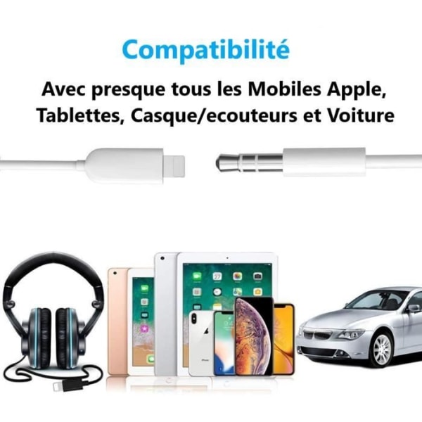 Lightning till 3,5 mm jack-adapterkabel för Apple iPhone 12 Pro Plug and Play-kabel för dina hörlurar, bilradio... Vit