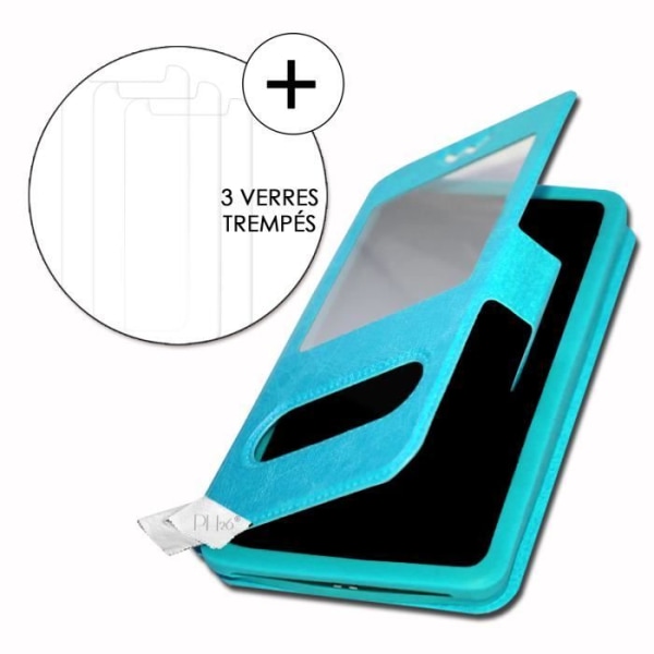 Super Pack-fodral för Oppo A9x Extra Slim 2 Eco-läderfönster + 3 skyddsglasögon med hög genomskinlighet TURQUOISE BLUE