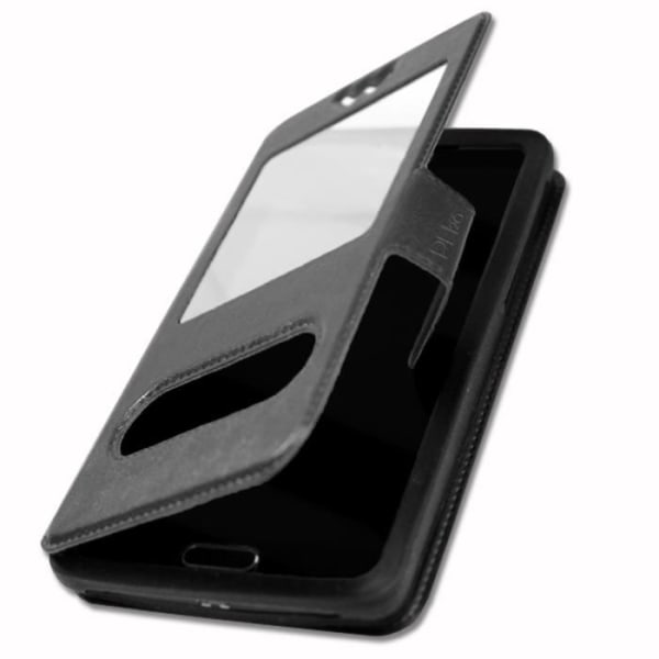 Homtom C13 Extra Slim Black Folio Case X 2 Ikkunat laadukkaasta ekologisesta nahasta, magneettisuljin ja näkyvät tikkaukset