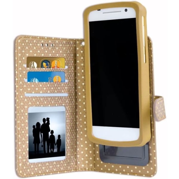 Skal till Nokia 2V med guldprickar i ekoläder med korthållare, spegel och synliga sömmar - GULD