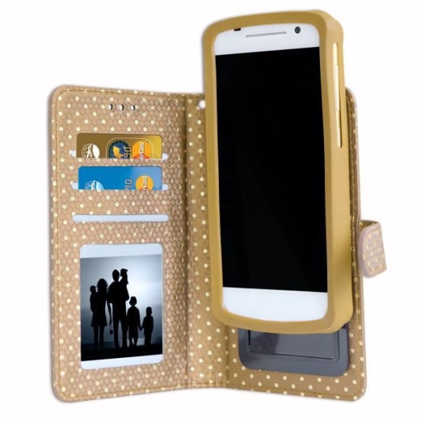 PH26® Gold folio kotelo kultaisilla pilkuilla Samsung Galaxy J7 Neo -puhelimelle ekonahkaa, korttiteline, peili ja tikkaukset