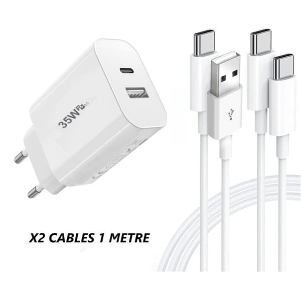 PH26® USB-C Oplader 35W, 2 Porte PD 3.0 QC 3.0 Hurtig Oplader + 2 Kabler 1 meter kompatibel med iPhone 15 Plus