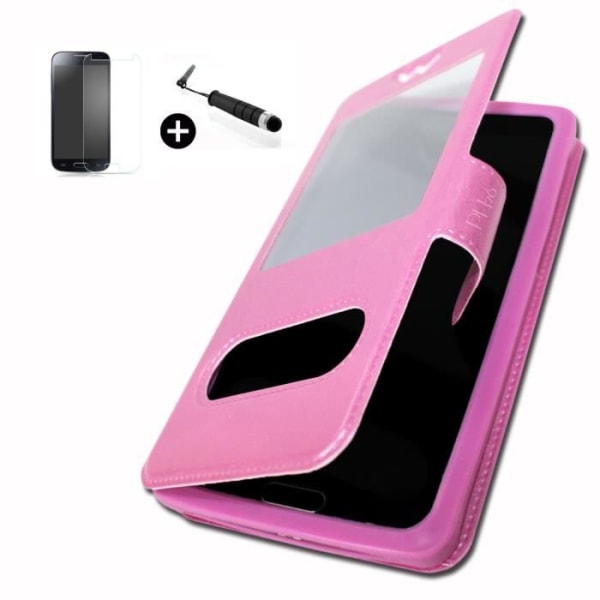 Wiko Pulp Fab 4G super PACK Pink PU ikkunakotelo + minikynä + karkaistu lasi 9H kovuus, erittäin ohut 0,20 mm