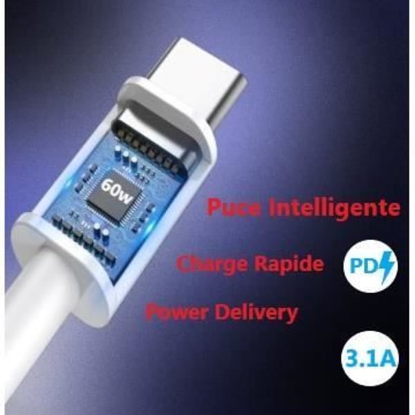 60 W USB C till USB C-kabel - 1 meter för Energizer Ultimate U630S Pop, 3.1A PD snabbladdningskabel Vit