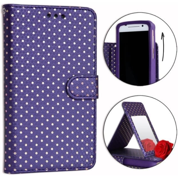 Fodral till Infinix Hot 6X med guldprickar i ekoläder med korthållare, spegel och synliga sömmar - LILA Lila