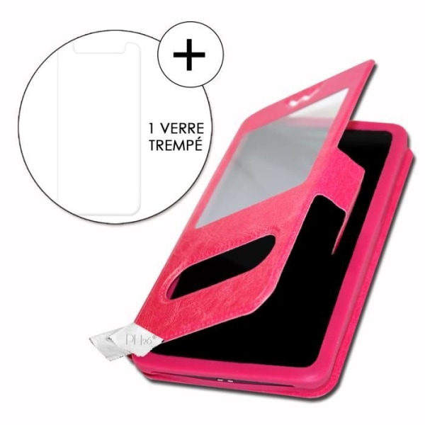 Super Pack Cover för Xiaomi Mi CC9 Meitu Edition Extra Slim 2 Windows eko läder + High Transparency Tempered Glass ROSA