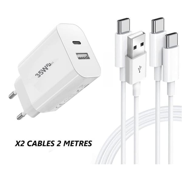 PH26® USB-C Oplader 35W, 2 Porte PD 3.0 QC 3.0 Hurtig Oplader + 2 Kabler 2 meter kompatibel med Redmi Note 12S