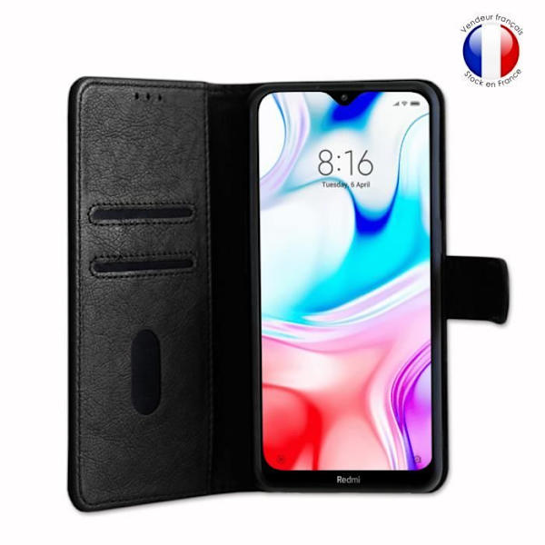 Pungcover dedikeret til Xiaomi Redmi 8 med magnetisk fane, kortopbevaring og videounderstøttelse - Sort Svart