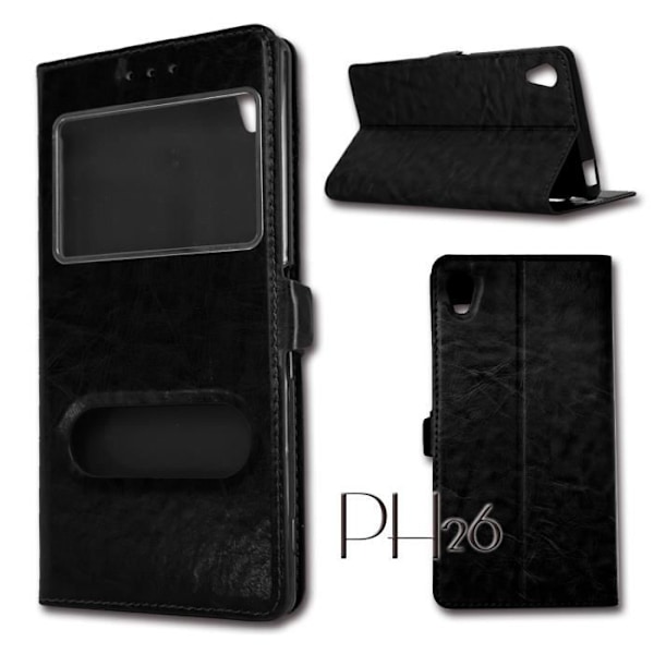 Etui Hölster med Fönster - PH26® - SONY XPERIA C4 - Syntetisk Läder - Mjuk Skal - Magnetisk Svart
