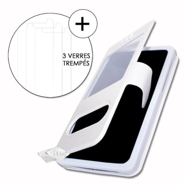 Super Pack-fodral för Coolpad Cool Play 8 Lite Extra Slim 2 Eco-läderfönster + 3 högtransparenta skyddsglasögon VIT