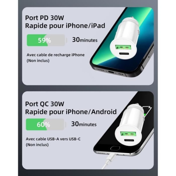 Cigarettändare billaddare för Oppo Reno6 Pro+ 5G USB till USB Typ C Snabbladdning 30W PD & QC 3.0 - 2 portar