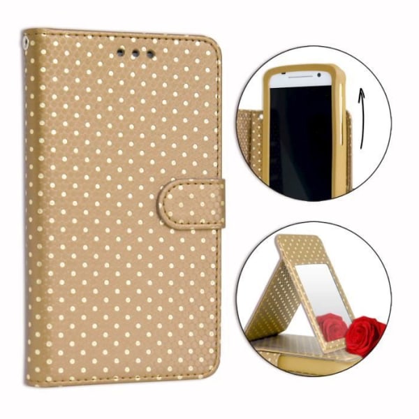 PH26® Folio cover til Xiaomi Redmi Note 5A Oro 2+ med guldprikker i guld øko-læder med kortholder, spejl og syninger