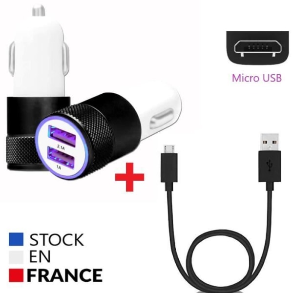 Autoladdarpaket + 1 Micro USB-kabel för Danew Konnect 556 Ultrakraftig och snabb laddare 2X (5V - 2.1A) + 1 1M kabel - SVART