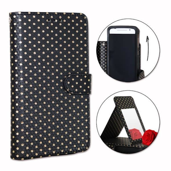 PH26® Folio cover til Sharp Aquos S3 mini med guldprikker i sort øko-læder med kortholder, spejl og synlige syninger Svart med guldprickar