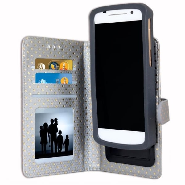 Foliocover - PH26® - Sony Xperia E1 Dual - Øko-læder - Sølv med guldprikker - Videounderstøttelse Silver med guldprickar